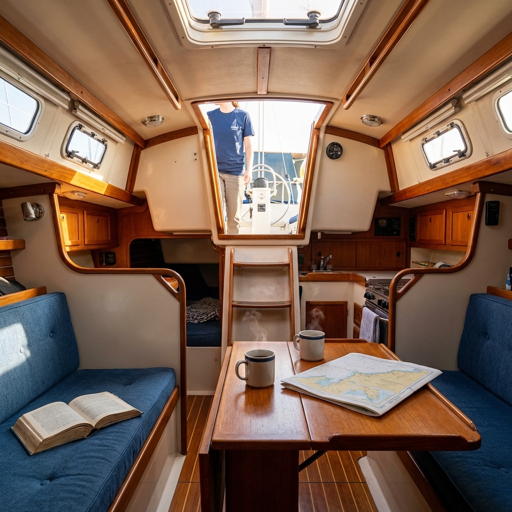 Catalina 30 family cruiser interior Cozy Catalina 30 cabin interior at anchor
