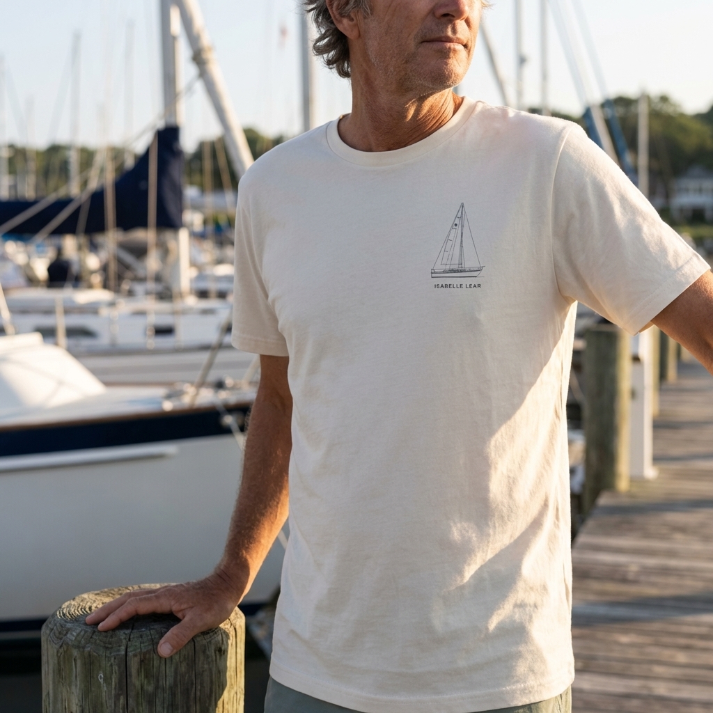 Catalina sailboat line drawing shirt lifestyle Person wearing custom Catalina sailboat line art t-shirt
