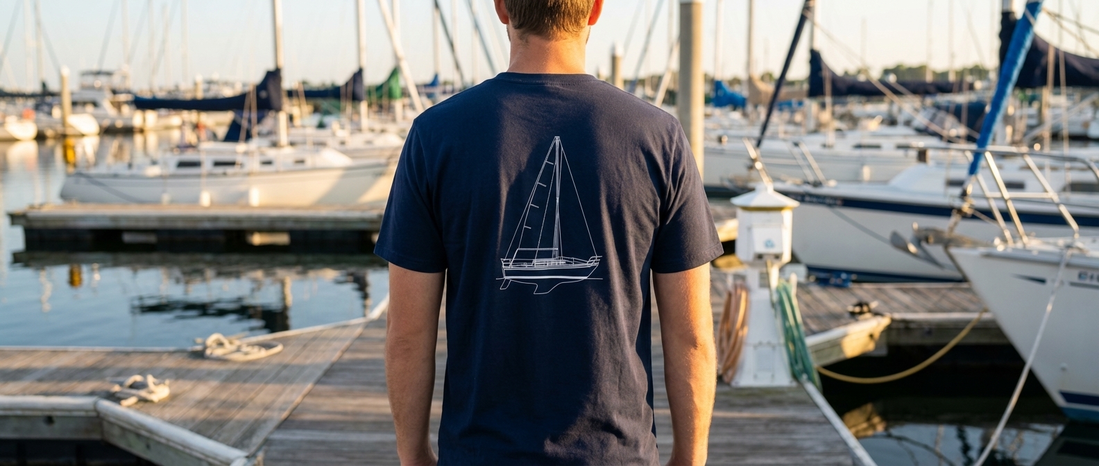 Catalina sailboat shirt on marina dock Person wearing a navy Catalina sailboat line drawing t-shirt on a marina dock