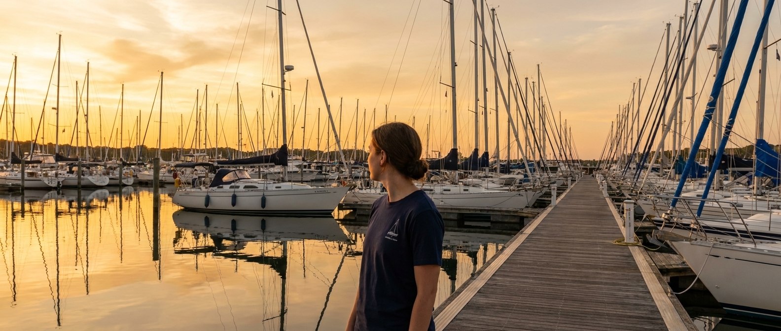 Row of production cruising sailboats in a marina at sunset Row of production cruising sailboats in a marina at sunset